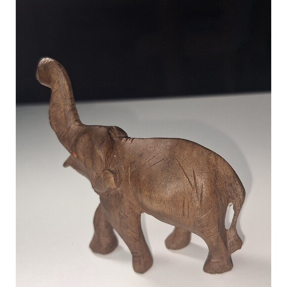 Hand Carved Wooden Elephant 4" Figurine Sculpture Trunk Up Good Luck Tusks - Picture 4 of 6